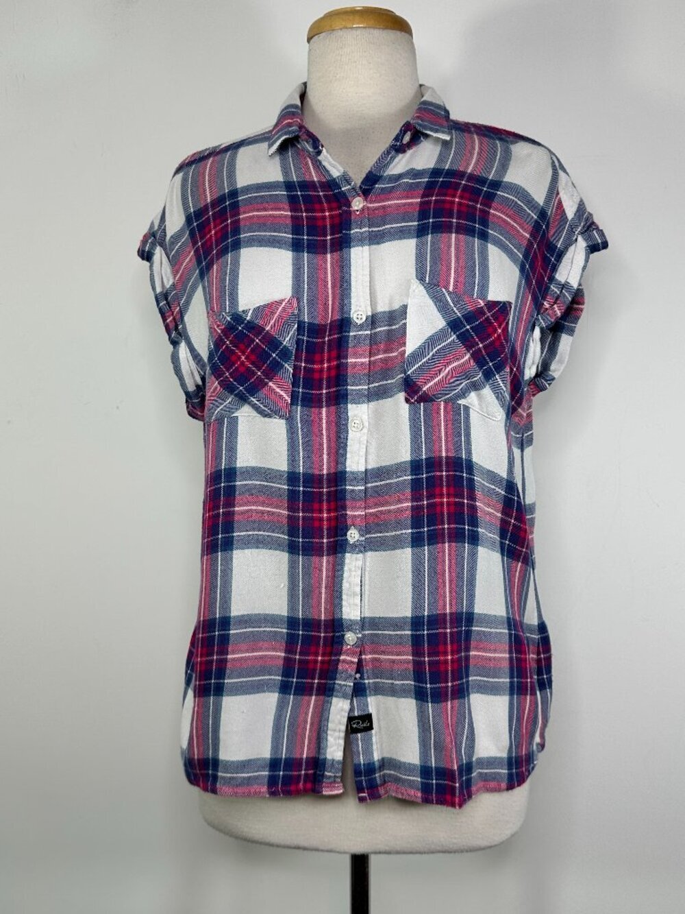 Rails Womens Pink Blue White Plaid Sleeveless Button Down Shirt Rayon Size Large